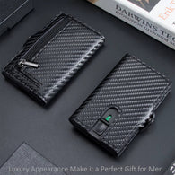 Men's Sleek Business Wallet - RFID Blocking, Carbon Fiber Pattern with Aluminum Alloy & Faux Leather, Ultra-Thin Credit Card Holder with Pop-Up Slot - Black